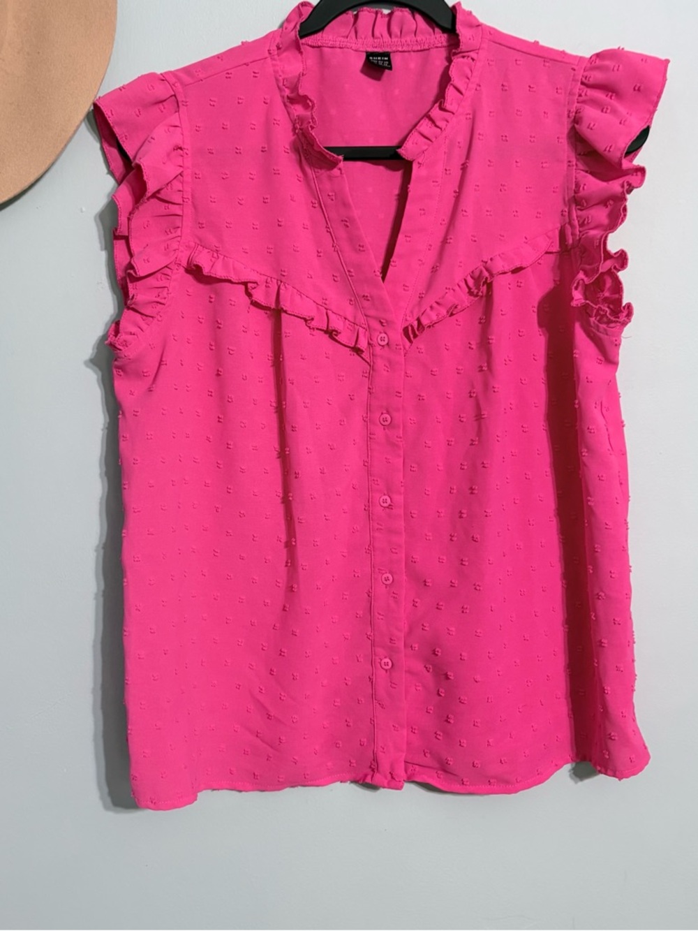 XL Pink Ruffled Sleeveless button up Swiss dot sheer Blouse